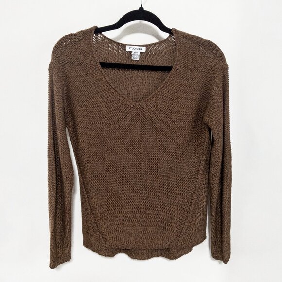 Studio 65 V-Neck Long Sleeve Knit Sweater Elbow Patches Brown Chunky Size Small - Picture 1 of 10